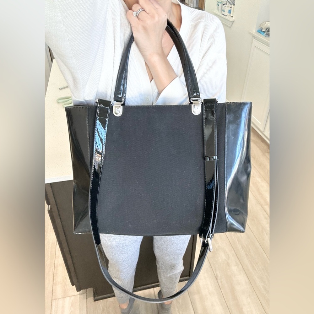 Auth CHRISTIAN DIOR Large Lady Vintage Canvas and Patent Leather Tote Bag